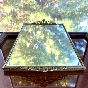 Vintage Brass Ornate Filigree Mirrored Vanity Tray 14 x 8